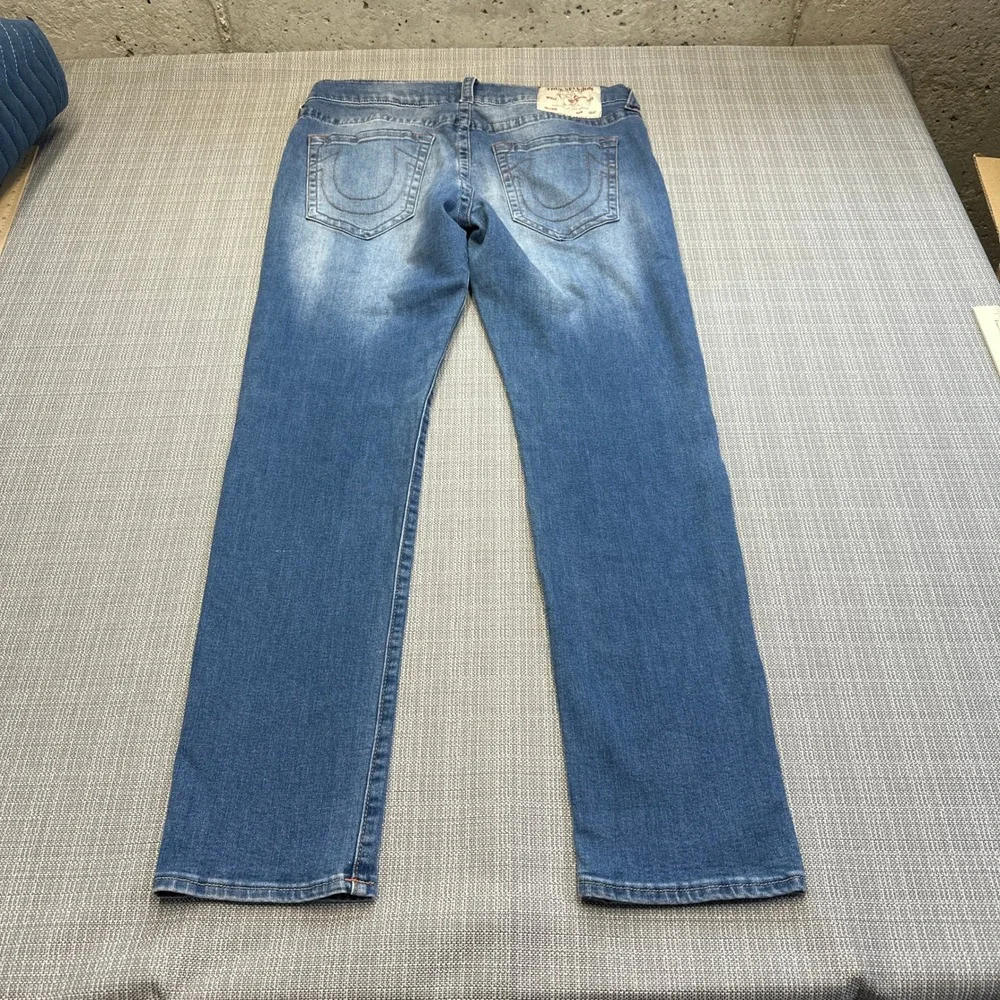 True Religion Rocco‎ Relaxed Skinny Jeans 33 x31 Blue Faded Whiskered Stretch